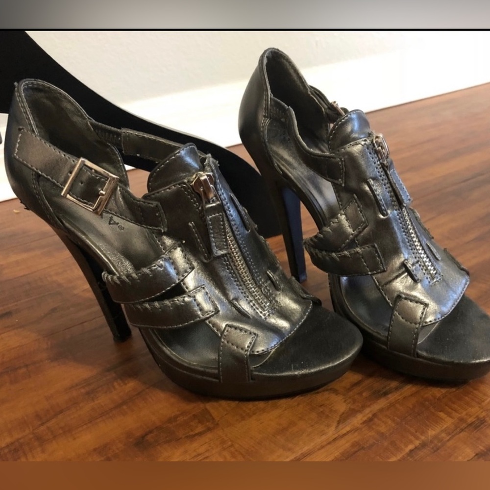 Pewter colored strappy heels